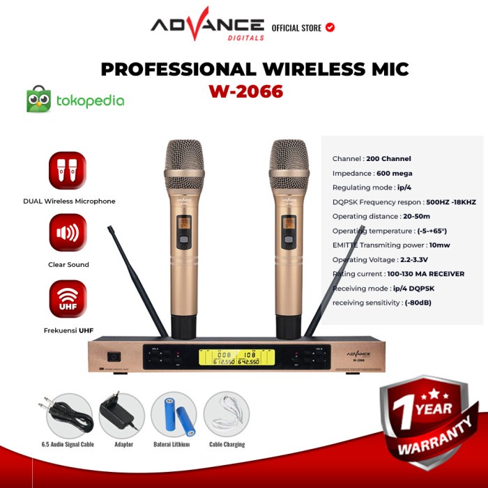 Microphone Wireless Advance Mic W-2066 UHF Digital System Jarak 30m