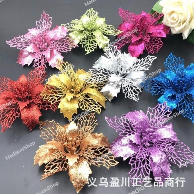 

Ready Bunga Natal 17 Cm Dekorasi Parcel Natal Bunga Kado Bunga Rosegold Emas Berkualitas