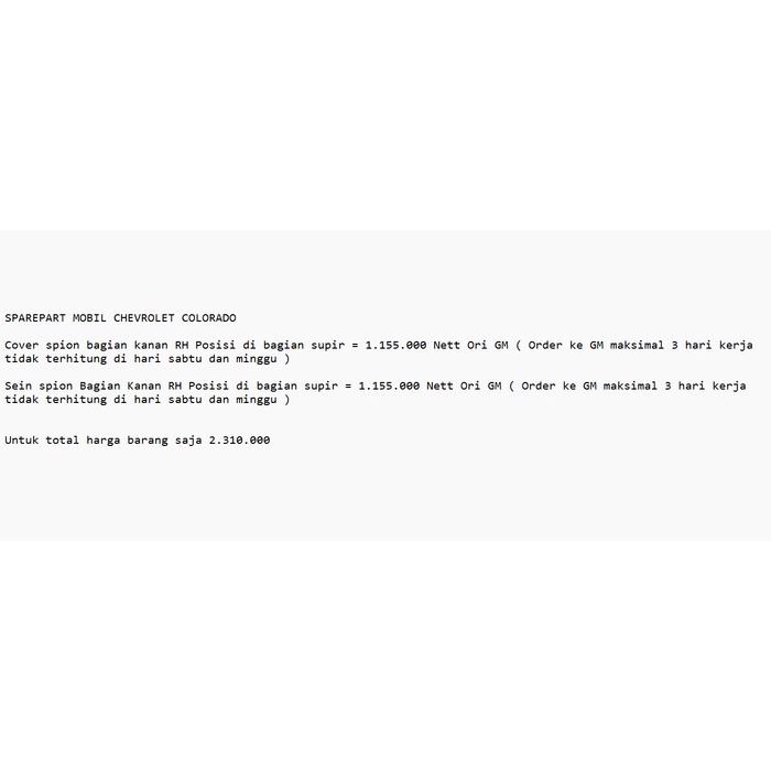 REQUEST PEMBELIAN SPAREPART MOBIL CHEVROLET COLORADO ORI star