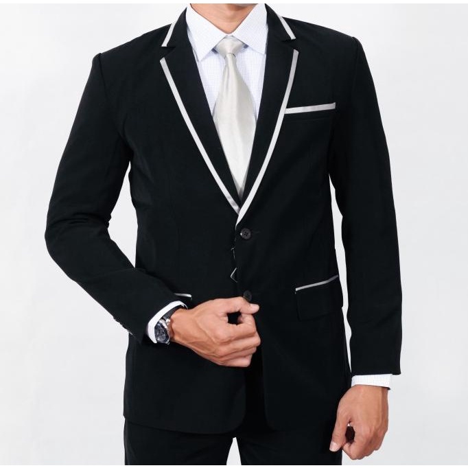 JAS PRIA HITAM SILVER KOMBINASI LIST BLAZER KOREA SLIMFIT FORMAL JUMBO