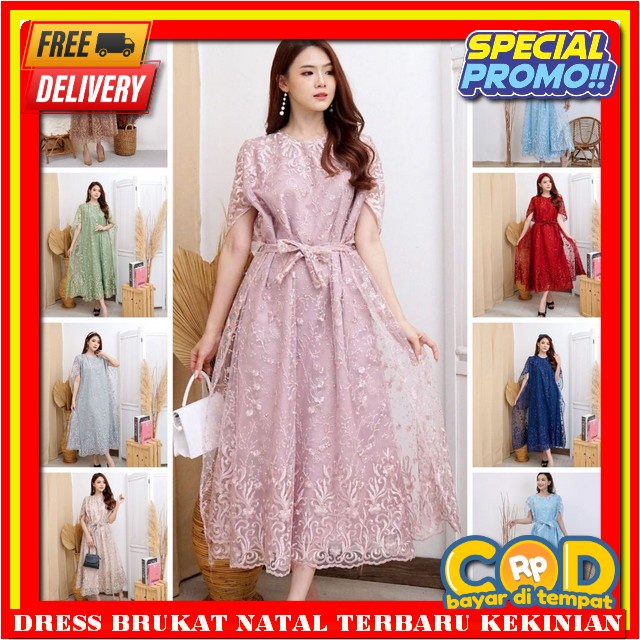 Dres Brukat Kondangan Mewah Elegan Lengan Pendek Berukat Kondangan Mewah Dress Natal Wanita Terbaru 