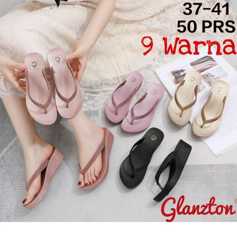 Paling Murah L1895A-Y1 Glanzton Sandal Wedges Jepit Wanita Karet Jelly Gliter Tali Blink Glitter Glo