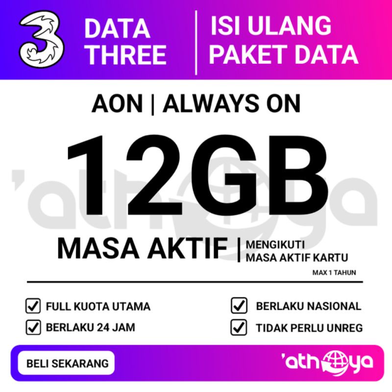 Paket data Tri Kuota 3 internet Tri AON 12GB masa aktif ikut kartu