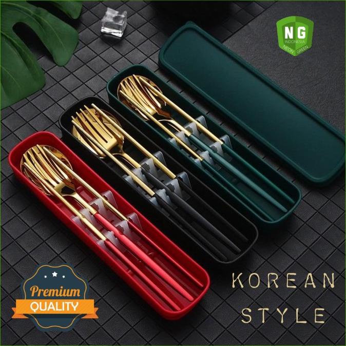+++++] SET ALAT MAKAN KOREA Sendok Garpu Sumpit Stainless Travel Piknik Bekal