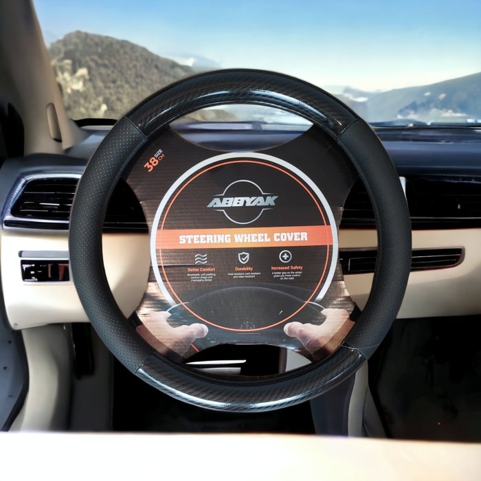 Cover Sarung Stir Mobil Steer Kulit Sapi Asli+Karbon-Setir Karbon 36Cm