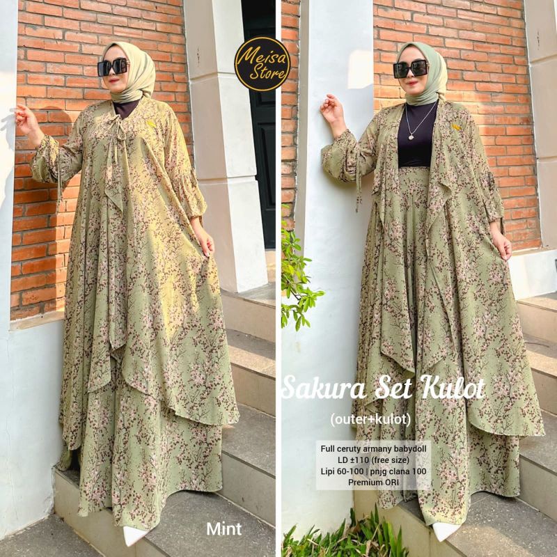 SAKURA SET KULOT | SETELAN OUTER PLUS KULOT WANITA FREE HIJAB MOTIF