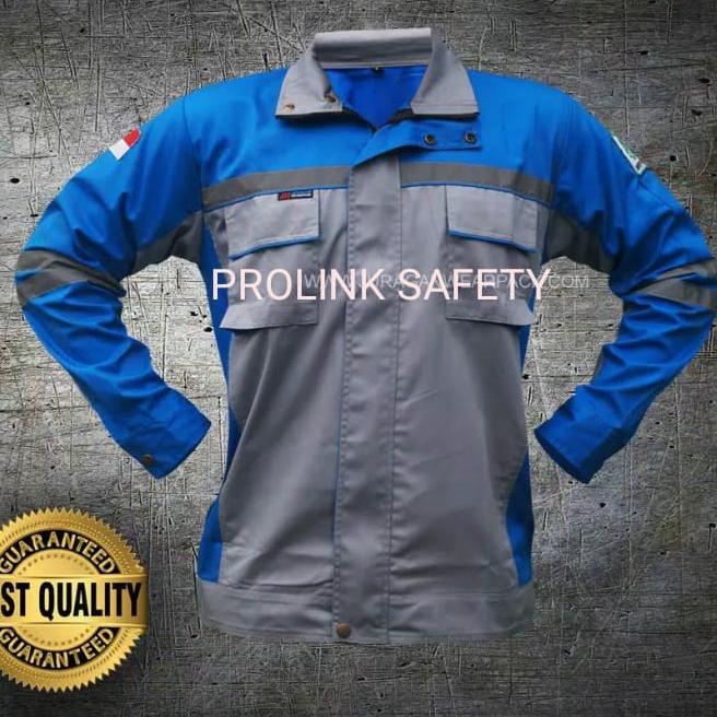 uru BAJU SERAGAM SAFETY SEMI JAKET ABU BIRU FREE LOGO K3 BENDERA