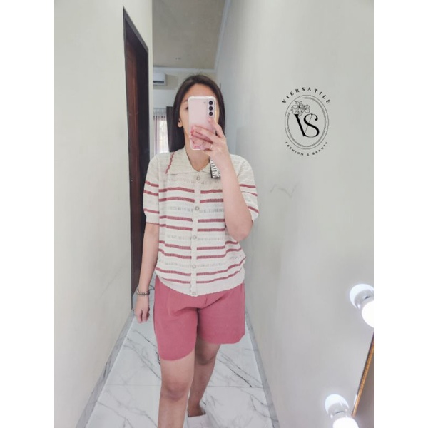 𝙍𝙚𝙖𝙙𝙮‼️Ploypa studio one set knit polo/ADA 2 MOTIF: Garis & Bunga/setelan wanita/atasan rajut berker