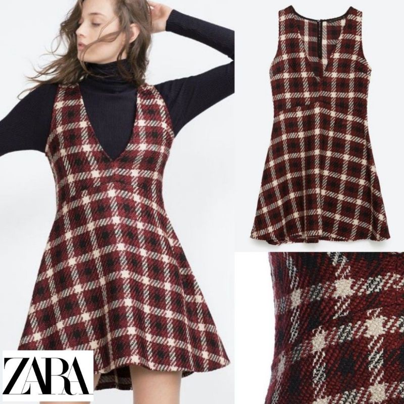 [ZARA] Tweed Textured Wool Knit Plaid Pattern Multicolor Mini Dress Overall Sleeveless V Neck Flare 