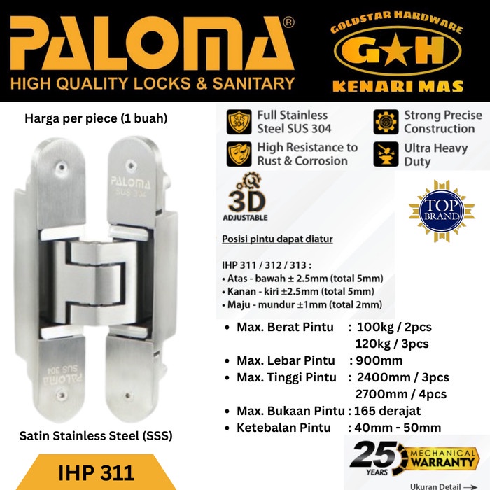 [New Ori] Paloma Ihp 311 Engsel Concealed Hinge Engsel Tanam Pintu Sss 304 Terbatas