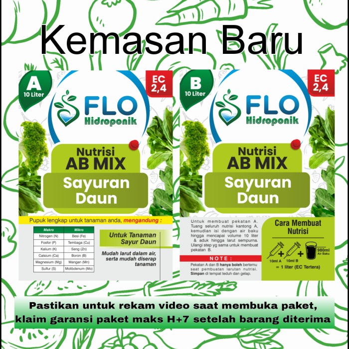 Nutrisi Ab Mix Flo Hidroponik Sayuran Daun 10 Liter 1000 Liter 1200Ppm