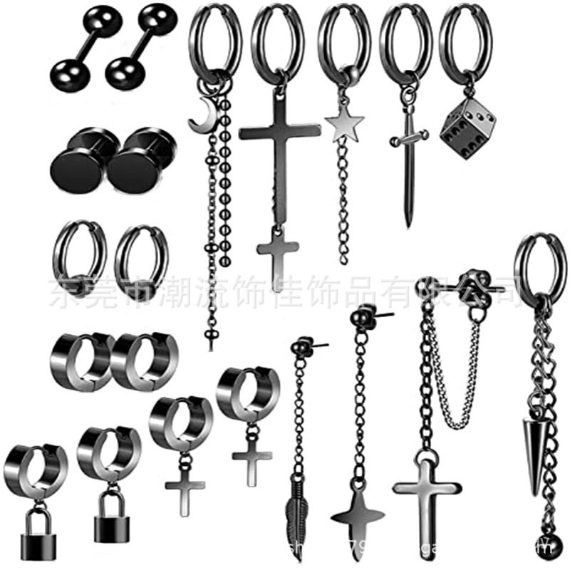 21Anting-Anting Hitam Baja Tahan Karat Pria Anting-Anting Tindik Rantai Panjang Bulan Silang Pedang 