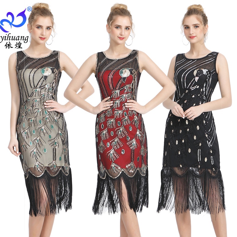 1920Gatsby Ball Dress Vintage Tassel Dress plus Size Embroidered Dress Banquet Party Dance Dress