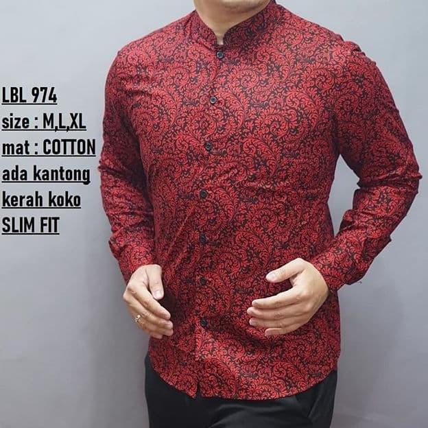 Kemeja Batik Pria Slim Fit Merah / Baju Batik Pria Cheongsam Lbl974