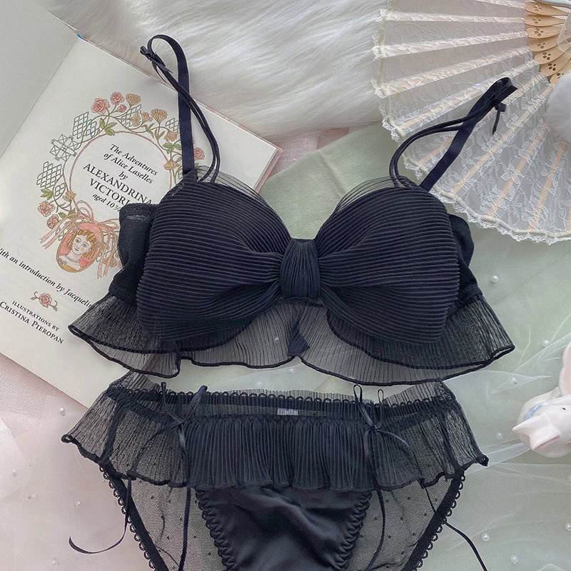 Japanese Lolita Bra Set for Girls, Underwear with Pleated and Bow, Mesh Bra Unlocked, Comfortable an