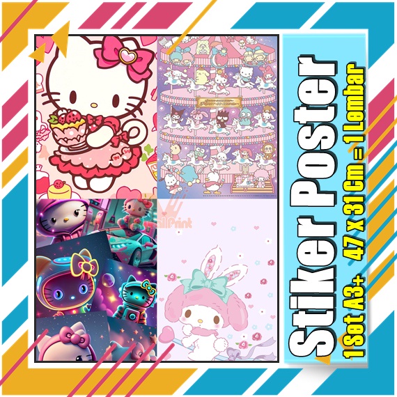 Stiker Poster A3 Hello Kitty My melodi kucing Karton Pink Lucu Imut Anak Gambar Cetak Sticker Custom