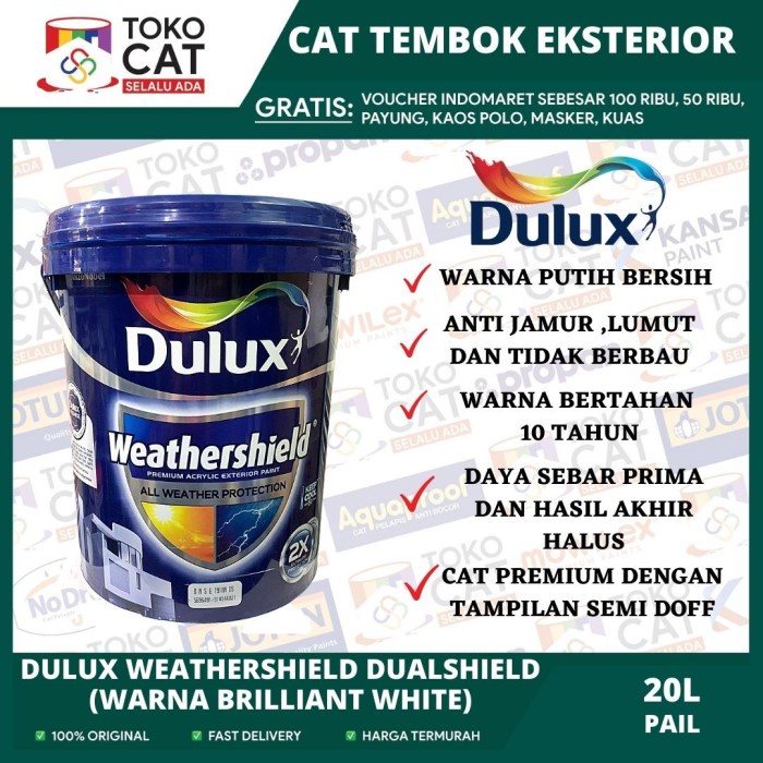 Cat Tembok Luar Dulux Weathershield Dual Shield Brilliant White 2290 / Putih 20 Liter Pail // Cat Te
