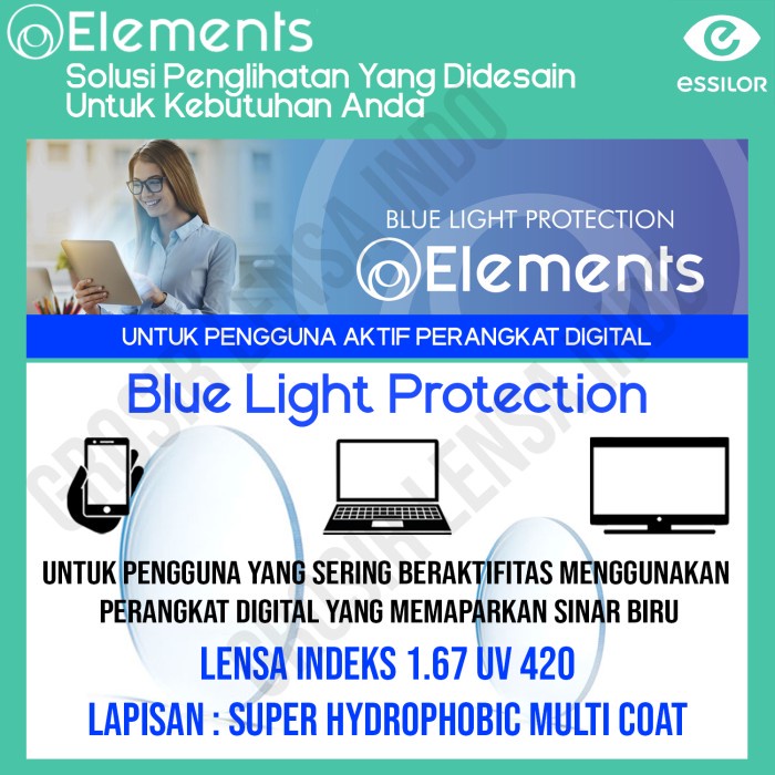 Lensa Essilor Elements Anti Blueray + Drive Night Vision Index 1.67
