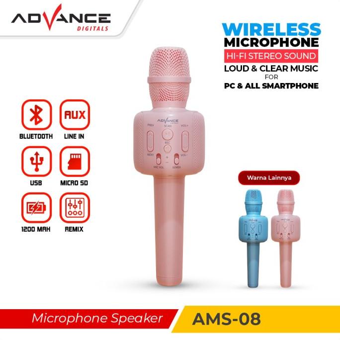 Microphone Advance Ams08/Ams-08 Mic Wireless Bluetooth Karaoke Resmi Premium