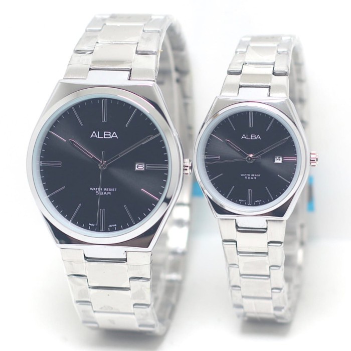 ✅New Ori Jam Tangan Alba Couple Rantai Silver Hitam Tanggal Aktif Diskon