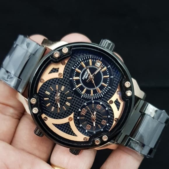 ✅New Ori Jam Tangan Pria Diesel Triple Time Rantai Black Rosegold Limited