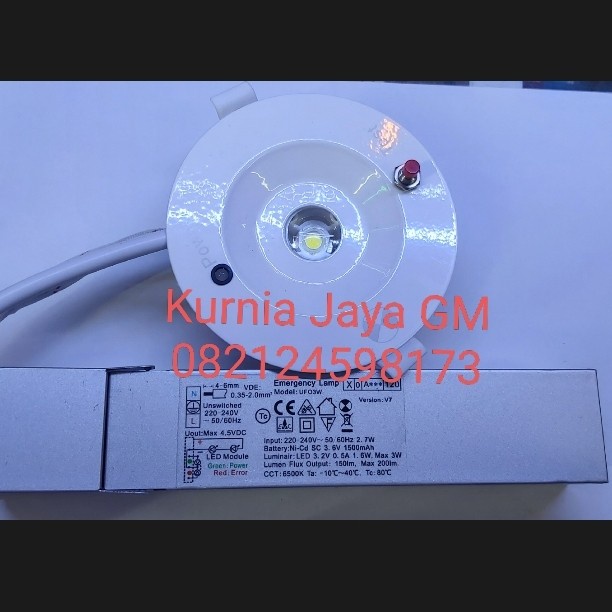 Lampu Emergency Downlight Led Plafon Set 3Watt Lensa+ Batre Emergency