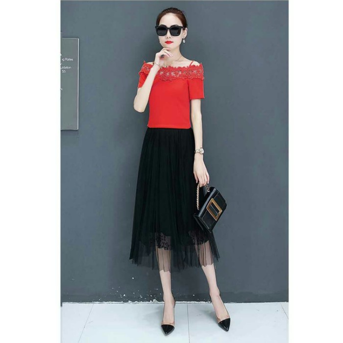 [COD] Setelan Korea Brukat Merah Cantik Rok Panjang Hitam Elegant Berkualitas