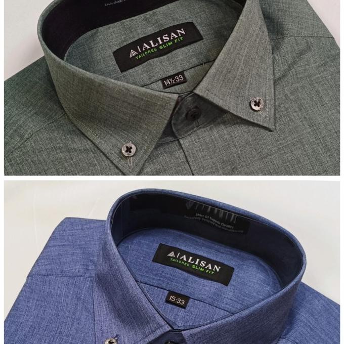 Terlaris Kemeja Pria Alisan Lengan Panjang Slimfit Semi Jeans Biru Tuton Pengiriman Cepat