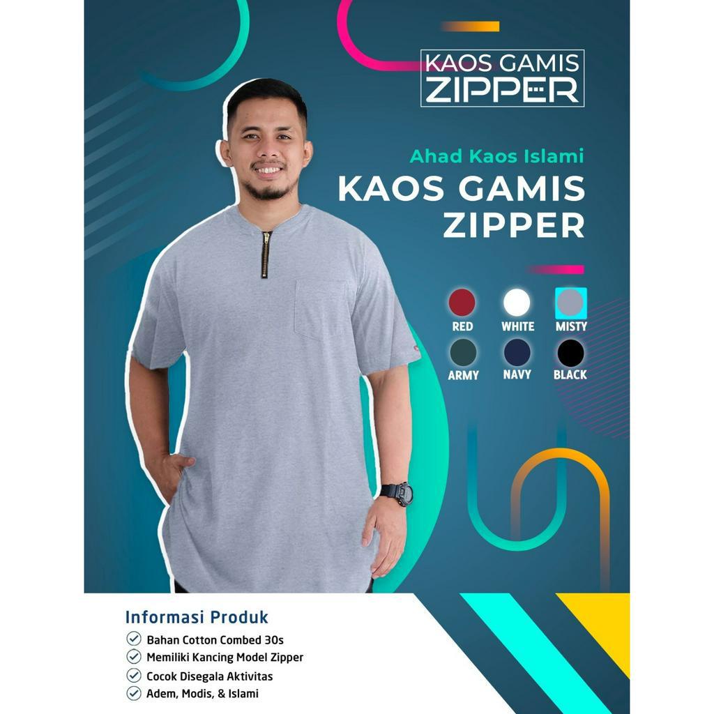 [PREMIUM] BEST PRODUCT Kaos Gamis Ahad Zipper Hitam / kaos kurta atau qurta gamis pria lengan pendek