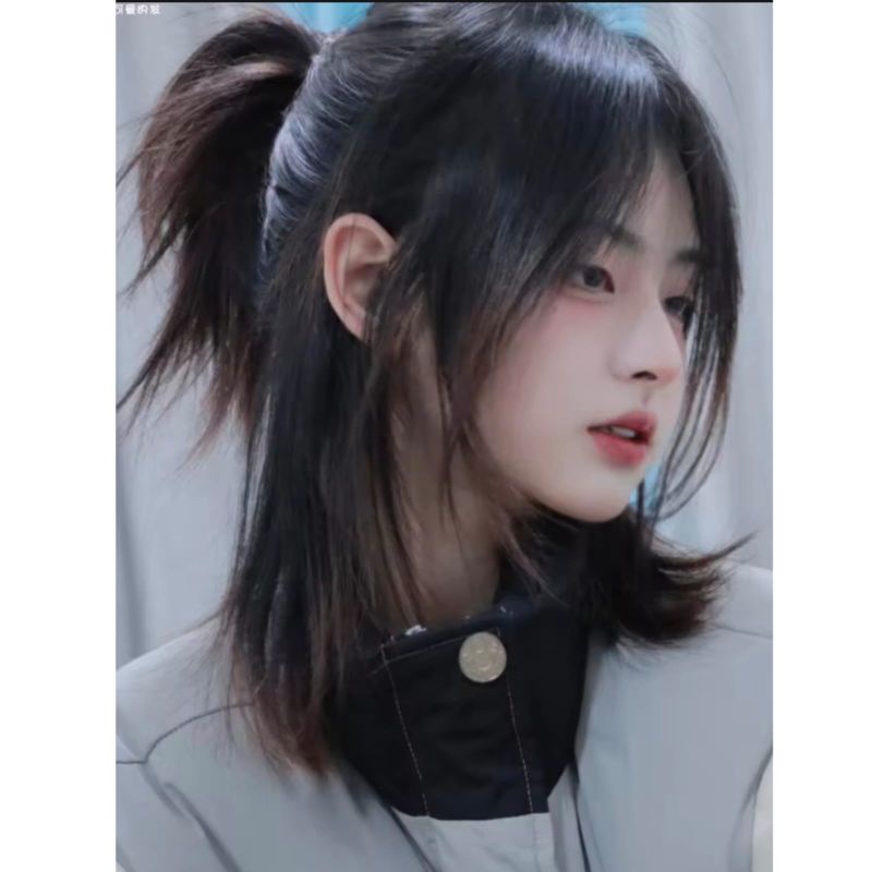 Wig Pria Samurai Jepang Warna Hitam Full Wig Mullet Panjang Diikat Wig Ekor Srigala Warna Hitam Ramb
