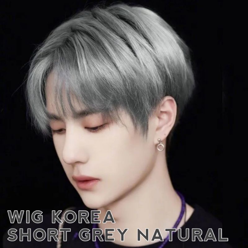Wig Pria Rambut Pendek Korea Warna Abu - Abu Versi Model Laki-laki Tampan Korea Rambut Palsu Pendek 