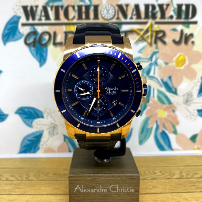 ✨Sale Jam Tangan Pria Alexandre Christie 6141 Original Blue - Rose Gold Berkualitas