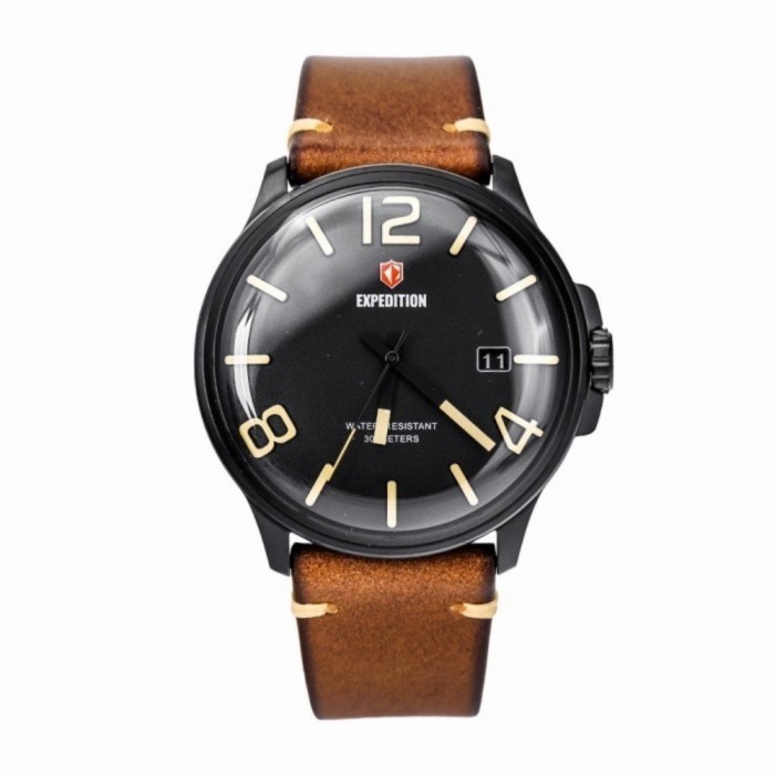 ✨Ready Expedition E6789M Black Dial Brown Leather Men'S Watch Berkualitas