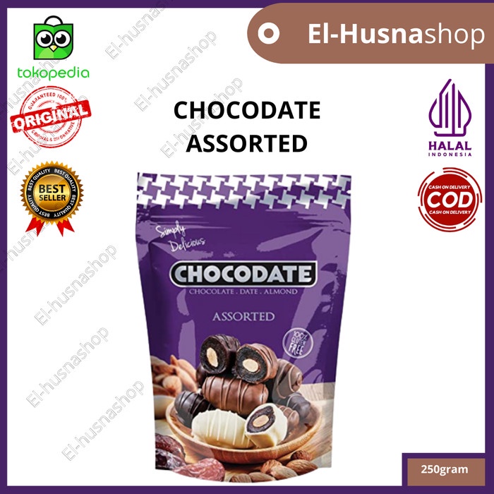 

Ready Chocodate Assorted 250gr Cemilan Kurma Isi Almond Berlapis Cokelat Ori