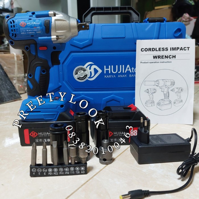 ✅Baru Hujia Tools Impact Wrench 88Vf 2 Batrai Cordles Drill Set Mesin Bor Diskon