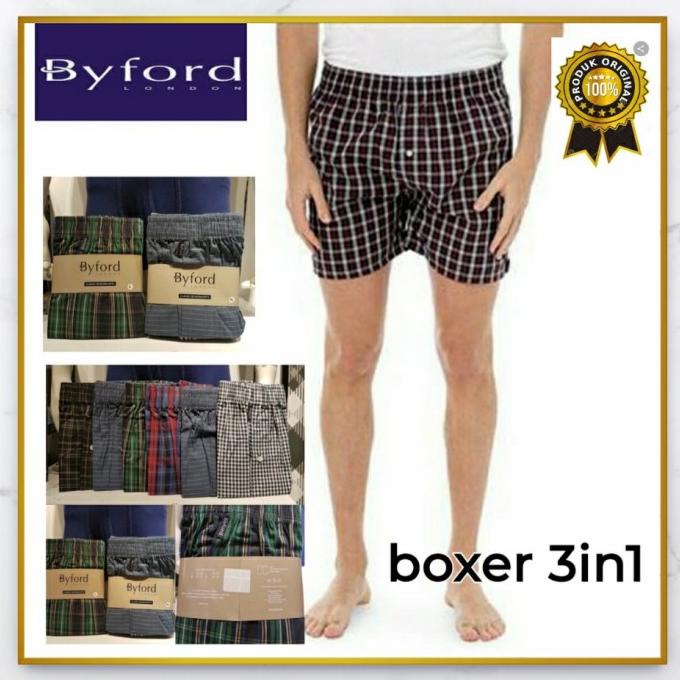 byford boxer pria bahan woven motif Random 3in1