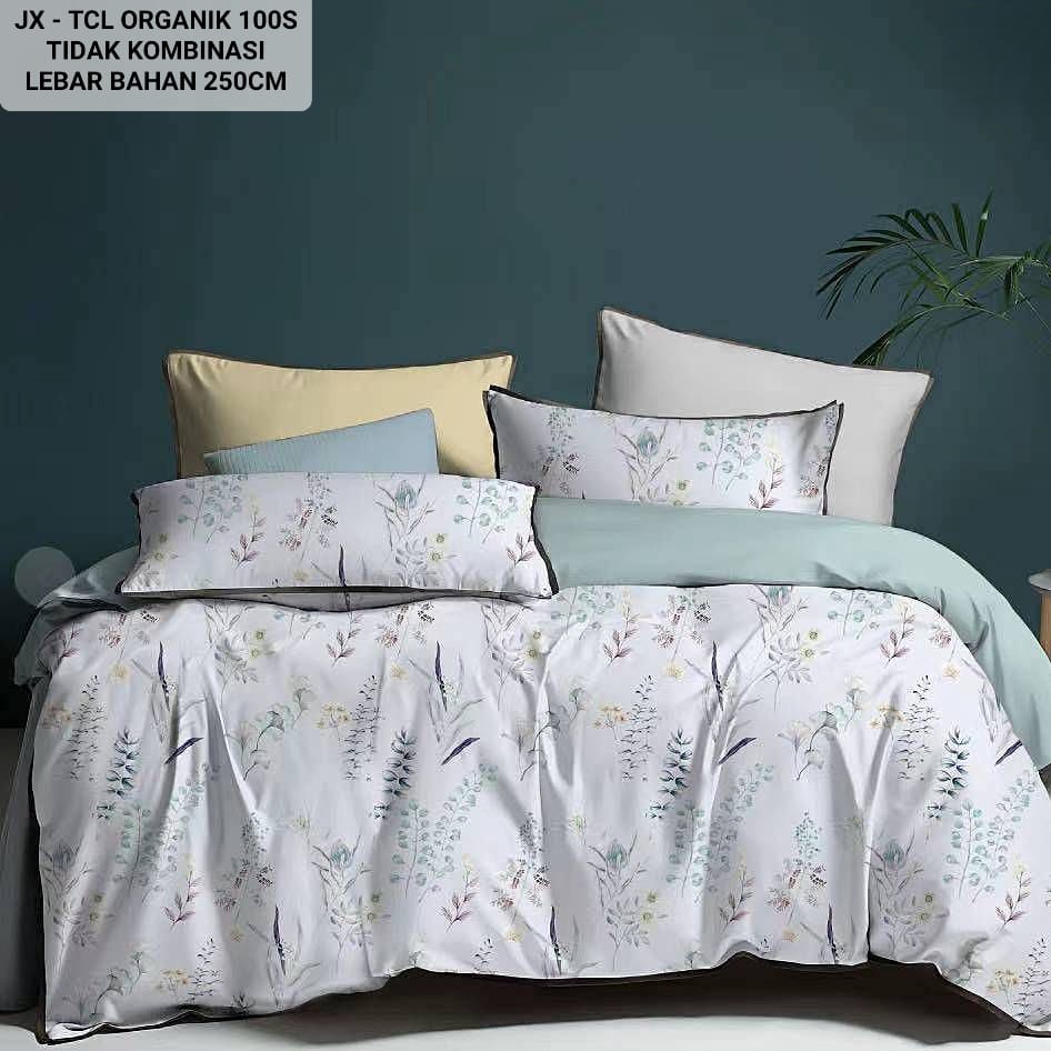 Sprei Set Bedcover Sutra Organik 100s Serat Bamboo Motif Polos Bunga Aesthetic Size King Single Doub
