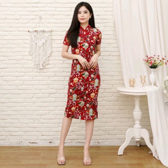 Fiesy Dress Cheongsam Wanita Baju Imlek Ceongsam Floral Sng - Jumbo