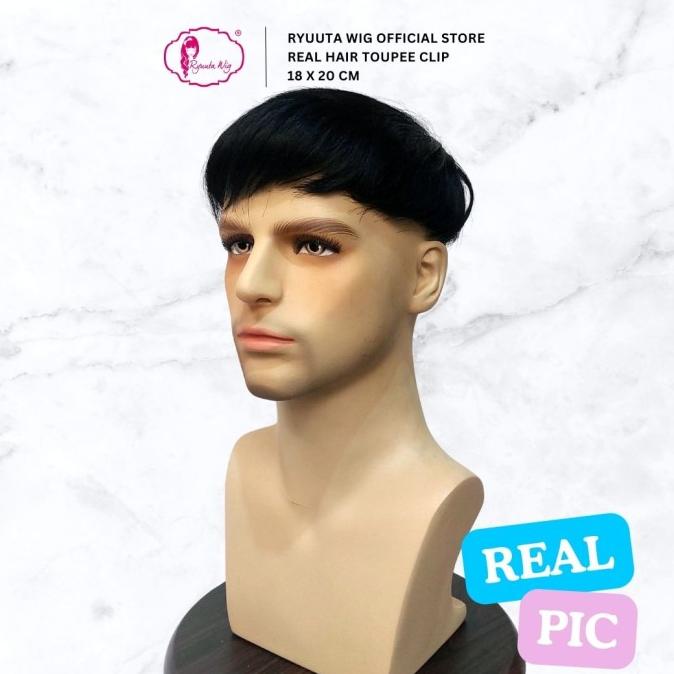 Ryuuta Wig Toupee Clip Human Hair Rambut Asli Pria Pendek 18 x 20 cm