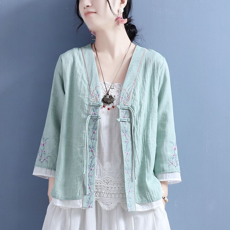 Han Baju Cina Katun dan Linen Wanita Bordir Baru Kemeja Kancing Simpul Cina untuk Wanita