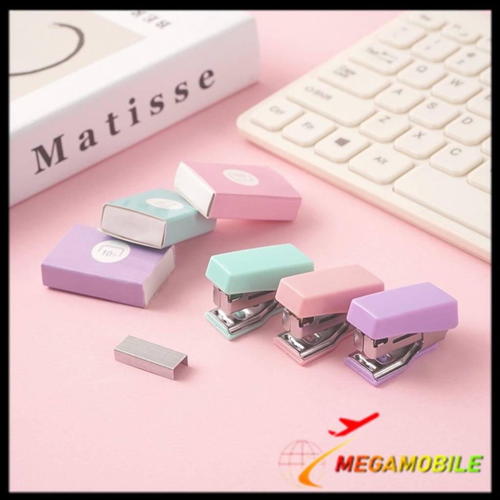 

MM - Mini Stapler Set Macaron Color Staples Mini Ukuran Kecil Unik Kemasan Box Lucu Free Isi Warna Pastel Perlengkapan Kantor