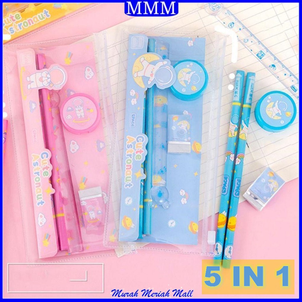 

MMM Stationary Set Alat Tulis 5 In 1 Karakter Lucu Warna-Warni Astronot Stationary Alat Tulis Set Mini Anak Sekolah Penghapus Penggaris Pensil Serutan