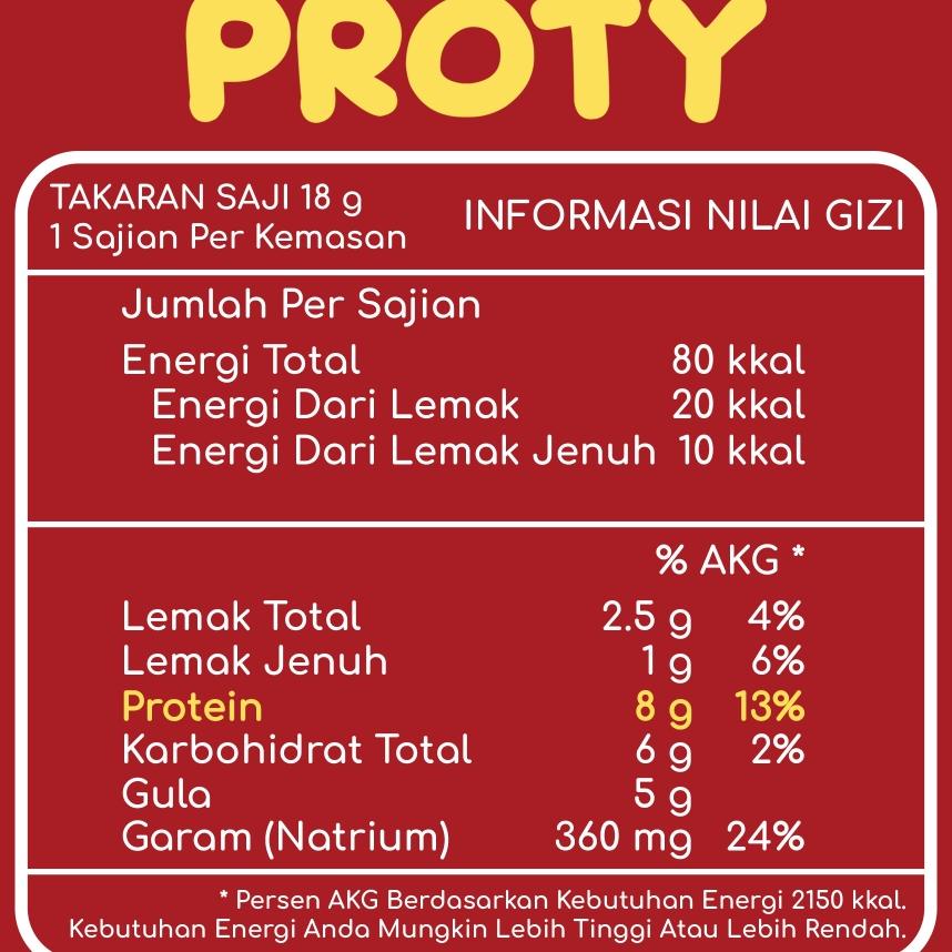 

Sna Celan Sehat Tinggi Protein Proty (1 Pcs)+Pedas(2 Pcs) Chien Chips