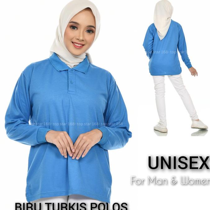 Kaos Kerah Biru Turkis Panjang Wanita Pria Dewasa S-Xxxl