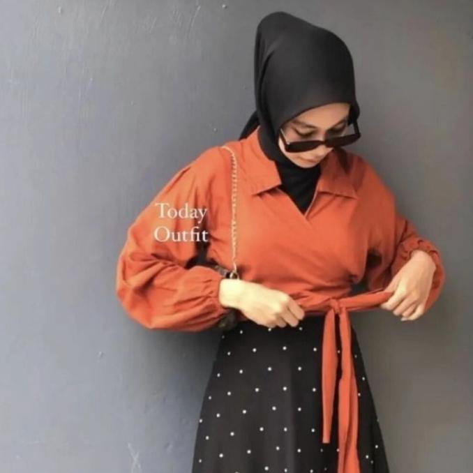 Termurah.. Baju Atasan Wanita E Wrap Top Kimono Tali Ikat Lengan Panjang