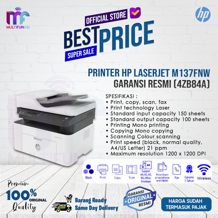 Promo Printer Hp Laserjet M137Fnw - Mfp M137 Fnw - Garansi Resmi (4Zb84A)