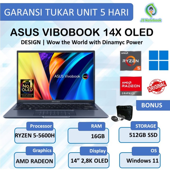 ASUS VIVOBOOK 14X OLED M1403 RYZEN 5-5600H 16GB 512SSD WIN11 14" 2,8K