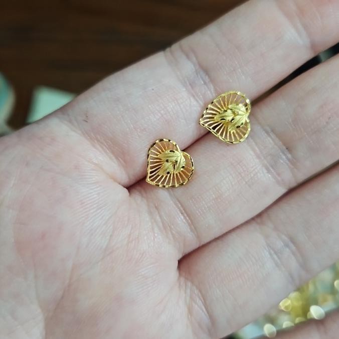 READY STOCK GIWANG ANTING TUSUK TINDIK LOVE HATI DAUN EMAS ASLI 375 8K KUNING UBS 