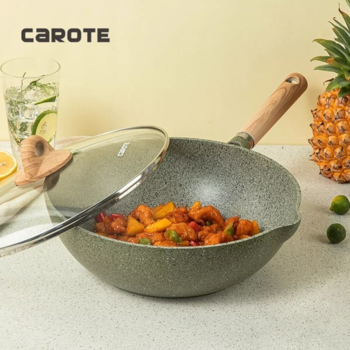 [New Ori] Carote Cosy Olive At Stirly Wok Pan With Lid 30 Cm Abu Abu Kehijauan Terbaru