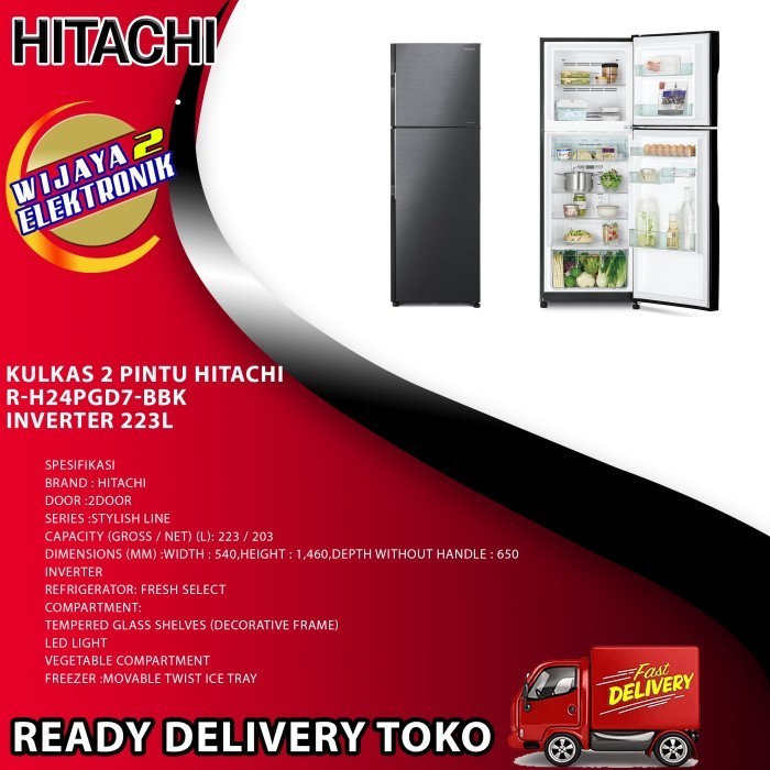 [Baru] Hitachi R-H24Pgd7-Bbk Kulkas 2 Pintu Inverter 223L R-H24Pgd7 -Black Limited